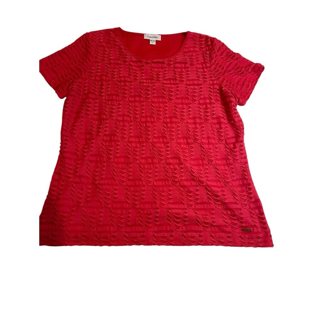 Calvin Klein Ribbed Ribbon Short Sleeve Lined Top Red Large - Picture 2 of 12